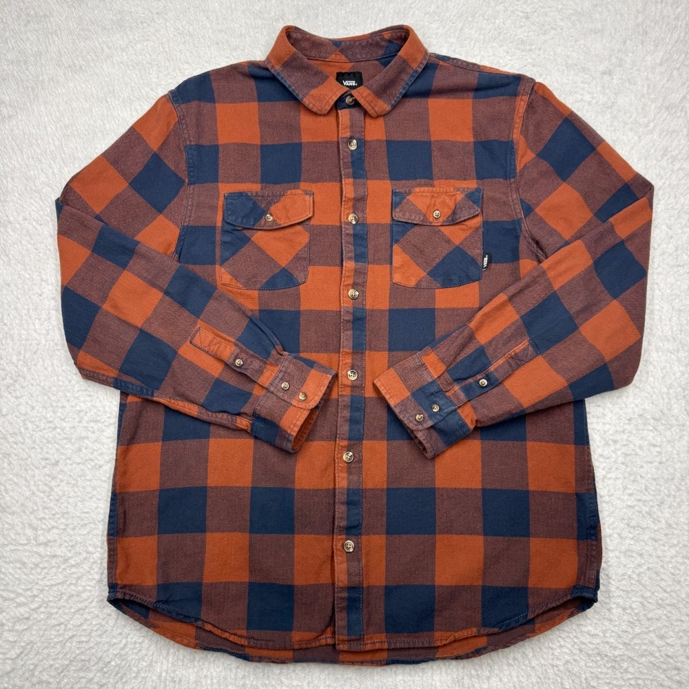 Vans Plaid Button Up Long Sleeve Casual Shirt  Orange and Blue Men's Size Large‎